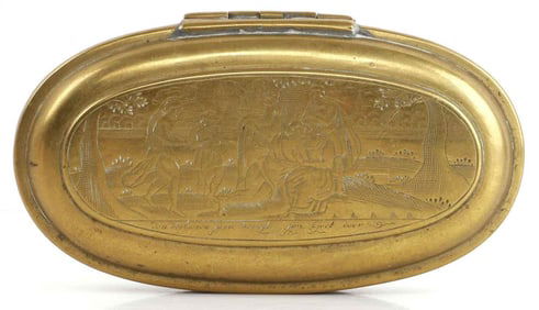 EARLY ANTIQUE BRASS MEDIEVAL SCENE TOBACCO BOX