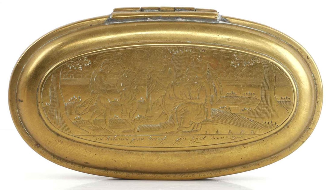 EARLY ANTIQUE BRASS MEDIEVAL SCENE TOBACCO BOX: Medieval scene front and reverse. Some loss reverse to scene from setting. 5 inches.