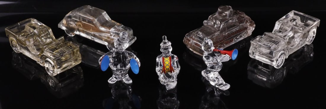 VICTORY GLASS CO CANDY DISPENSER & CLOWN LOT: One of the candy cars has a label, each is 4 inches, clowns are 2 inches.