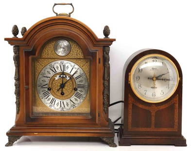 2 MANTLE CLOCK LOT SCHMECKENBECHER REVERE: Both are fully functional. The Revere is electric. The other, mechanically wound. Schmeckenbecher dimensions are 16 x 13 x 6 inches. The Revere is 11.75 x 8.5 x 4.62 inches.
