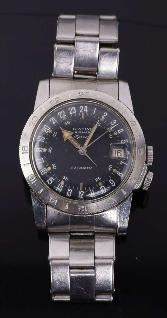 GLYCINE AIRMAN SPECIAL 24-HOUR AUTOMATIC WATCH: Glycine Airman Special 24-hour automatic wristwatch with aluminum Rolex band. Case 36mm. Case back marked "610234, Stainless Steel, Swiss, Automatic, Incabloc, Pat 314050." Band marked "Rolex U.S.A, C