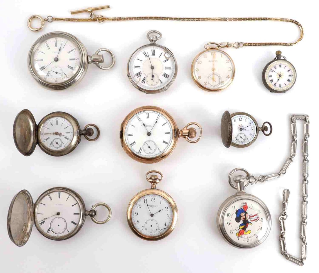 10 VARIOUS POCKET WATCH LOT BULOVA WALTHAM ETC: Lot of TEN (10). The only one that does not have an issue of some sort is the Bulova, which functions and keeps time. Gold fill with chain fob. At least 3 of the balance are silver. Various makers inc