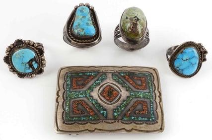 LOT OF TURQUOISE SOUTHWESTERN BELT BUCKLE 4 RINGS