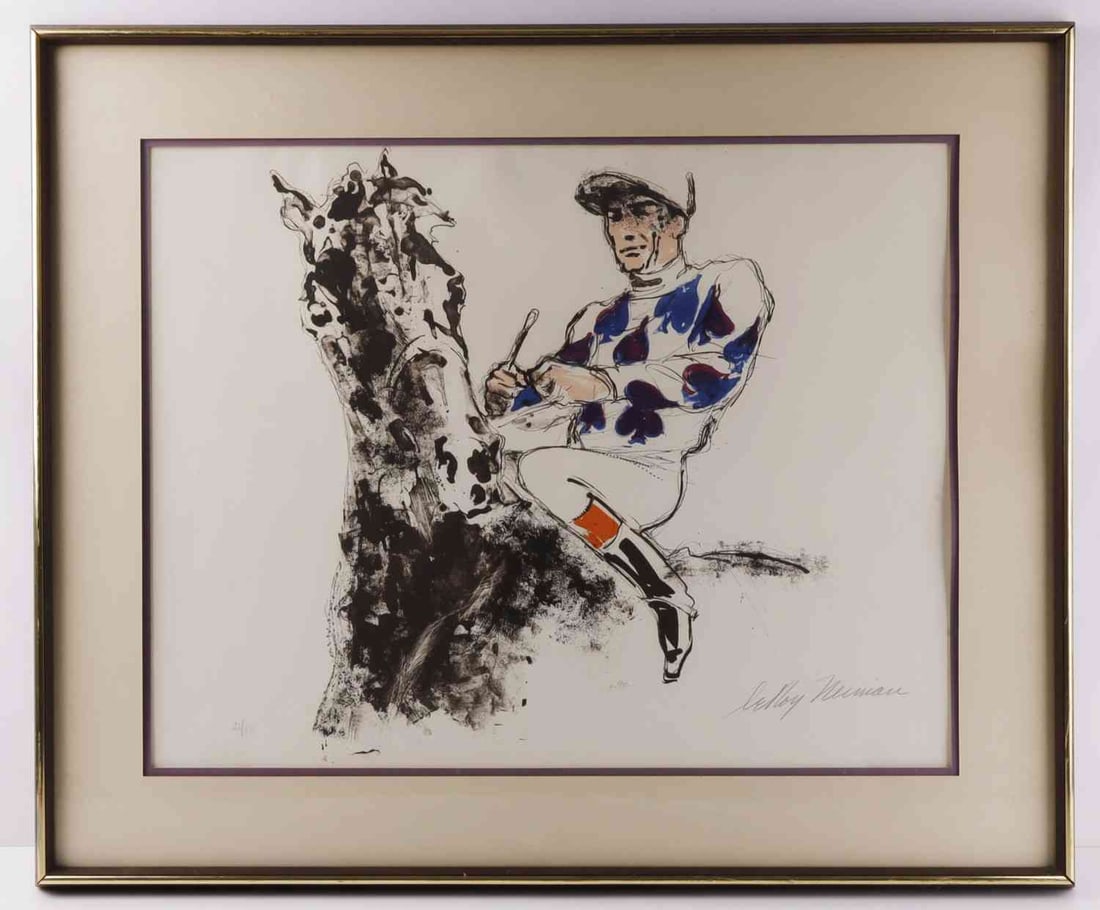 LEROY NIEMAN JOCKEY SUITE JOCKEY OF SPADES: A lithograph by acclaimed American sports artist LeRoy Neiman (1921-2012). This lithograph is from his Jockey Suite, and depicts the character 'Jockey of Spades' who appears in several of Neiman's oth
