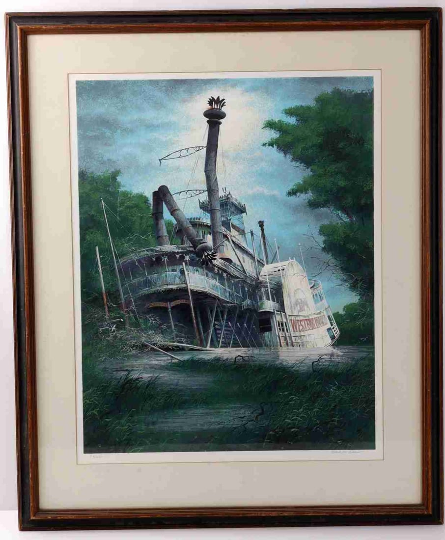 ROBERT WILLIAMS ADDISON WESTERN WORLD LITHOGRAPH: A print of the wrecked steamboat, "Western World," by American artist Robert William Addison (1924-1988). The print is distinctive of Addison, showing something industrial in a state of destruction an