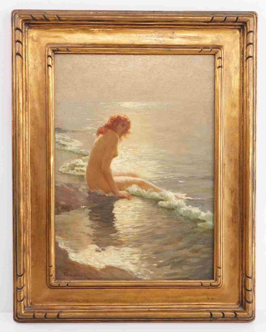 JOSEPH TOMANEK AMERICAN 1889-1974 NUDE ON BEACH: "Nude on the Beach", oil on board, signed lower left. Measures 13 1/2 X 9 1/2 inches in frame. No damage.