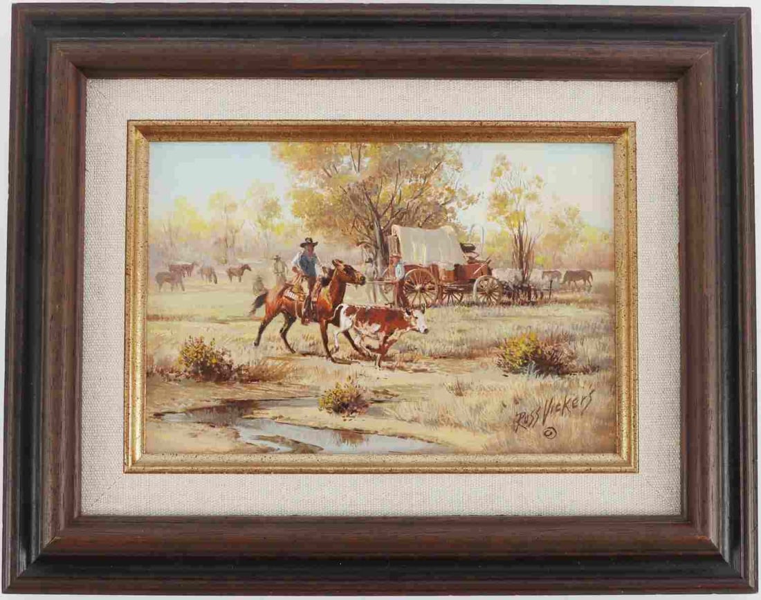 RUSS VICKERS COWBOY TRAIL PAINTING: Painting by Western artist Russ Vickers, depicting a man on horseback guiding a cow with a covered wagon in the background. This is a relatively small painting. 10 X 7.5 inches. Very good, original co