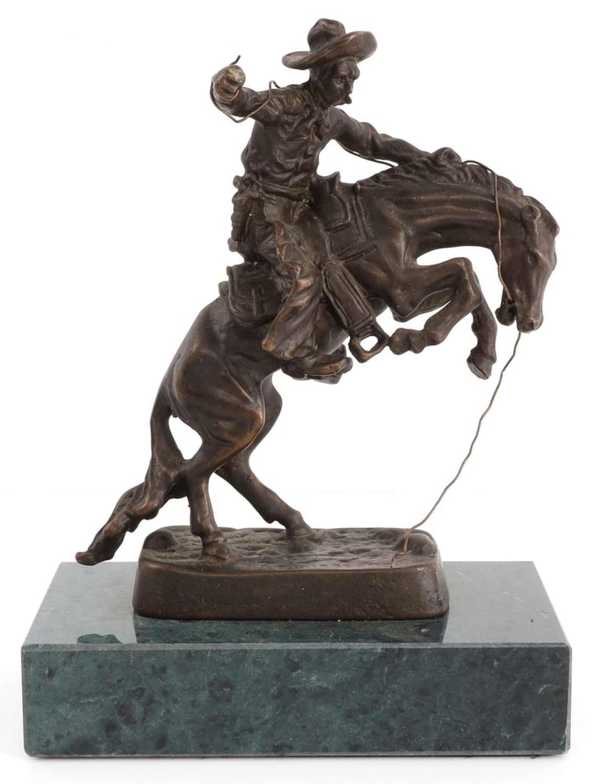 BRONZE MINIATURE FREDERIC REMINGTON BRONCO BUSTER: Bronze miniature sculpture after Frederic Remington "Bronco Buster." Height 5 inches. Set on polished stone pedestal measuring 3-5/8 by 2-1/8 inches. Good condition.