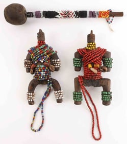 2 AFRICA BEADED FETISH LOT & INDIAN DRUM STICK