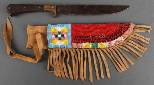 PLAINS INDIAN FIGHTING KNIFE W BEADED SHEATH