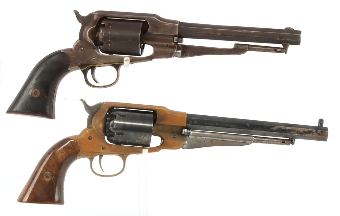 2 REMINGTON ARMY PATTERN .44 PERCUSSION REVOLVERS: Lot of TWO (2) .44 cal black powder percussion pistols patterned on the Remington Army revolver. The first has a 7-inch octagon barrel and is serialized "571" underneath the trigger guard and on the l