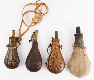 4 POWDER HORN LOT 1 LEATHER 3 COPPER