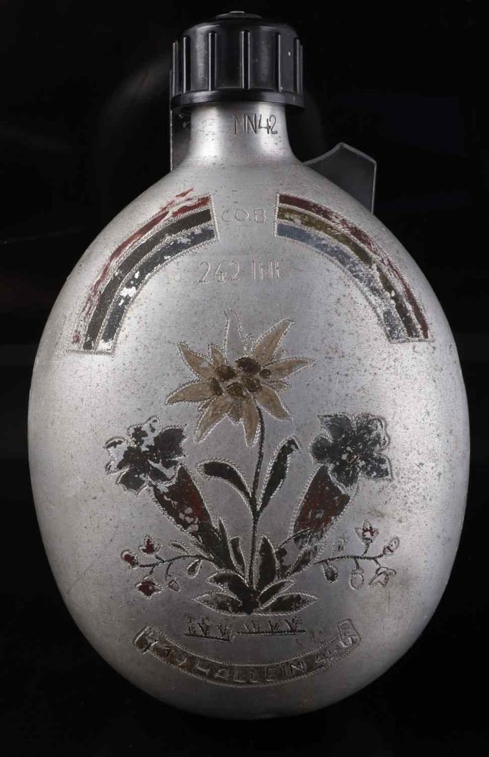 WWII GERMAN THIRD REICH ETCHED CANTEEN BILL MUNSEY: German canteen, stripped of its cover and various accouterments, then hand-etched to depict Salzburg Castle with a mountain scene, and edelweiss, and a list of various European countries and German ci