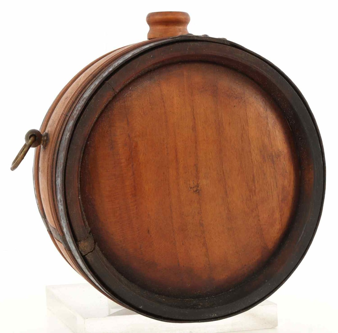 BRITISH EMPIRE MID-19TH CENTURY OFFICERS KEG: Rosewood and brass. No cork. 5inch diameter. 3.25-inch thickness. Very good, original condition.