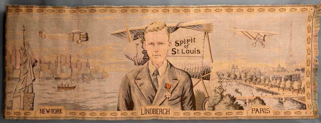CHARLES LINDBERGH SPIRIT OF ST. LOUIS TAPESTRY: 1927 French-made tapestry of aviator Charles Lindbergh recognizing his successful transit over the Atlantic as a solo pilot. 56 X 20 inches.