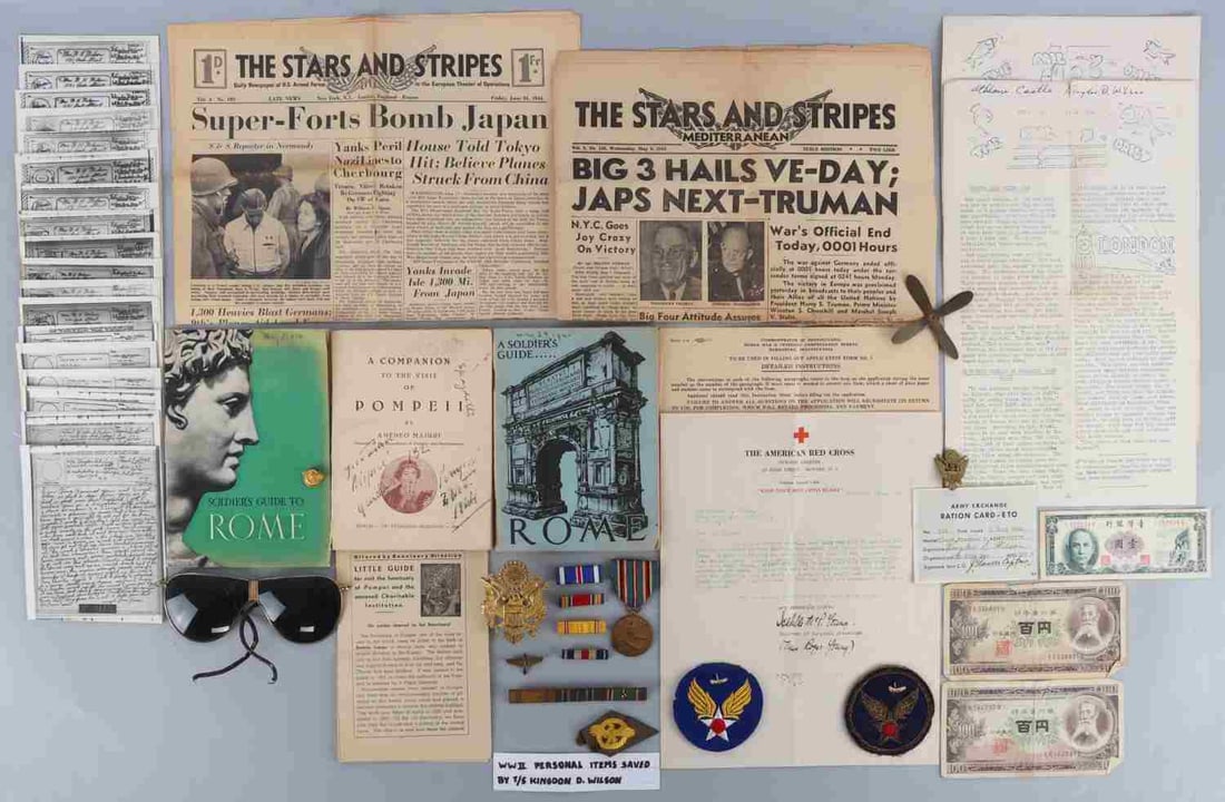 WWII USAAF NAMED GROUP OF MEDALS INSIGNIA LETTERS: Lot of more than FIFTY (50) pieces from the estate of Kingdon D. Wilson, USAAF, Technician 5th Grade. Includes 7 ribbon bars, 3 embroidered insignia patches, 6 metal uniform insignia, small brass prop