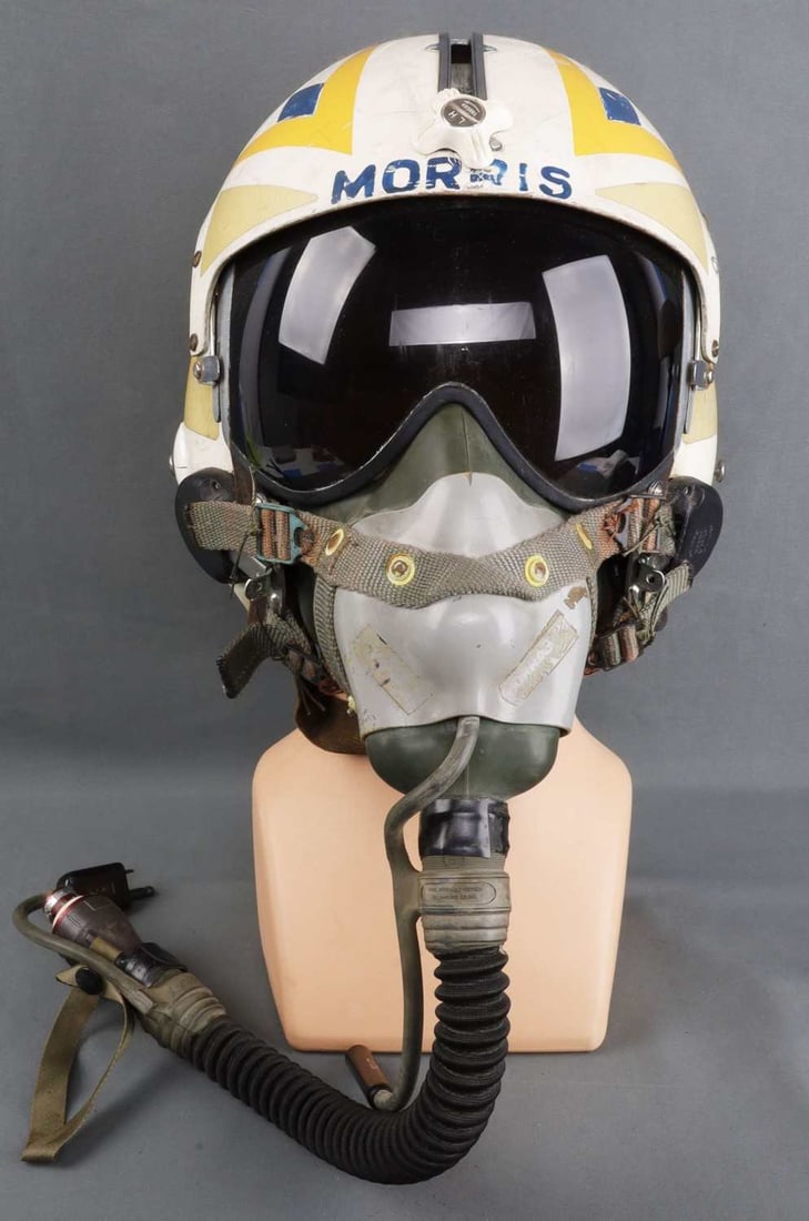 USN NAMED APH-5 FLIGHT HELMET WITH VISOR & MASK: US Navy APH-5 flight helmet with visor and oxygen mask. Helmet exterior has painted and vinyl decoration. Personalized "Morris" on visor housing. Name tag "Cdr Morris VA 792" at neck, probably William
