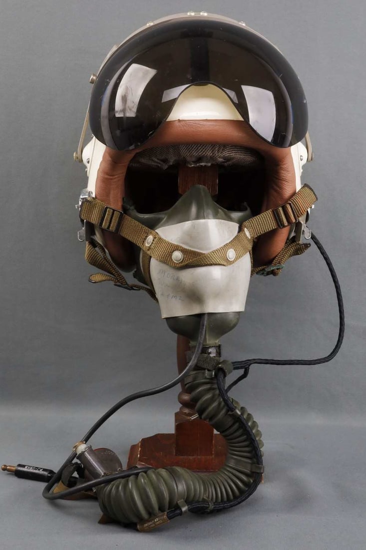NAMED TOPTEX 3BM FLIGHT HELMET WITH VISOR & MASK: MSA Protection Division Model 3BM test flight helmet. Complete with visor, padded liner and oxygen mask secured by two bayonet receivers. Back of shell has maker's label "Protection Division, Inc., Mo