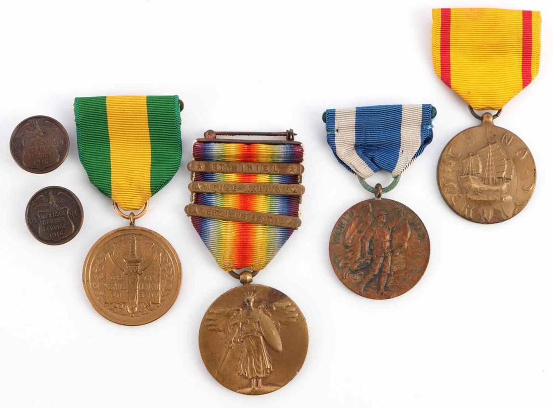 WWI CHINA & MEXICAN BORDER SERVICE MEDAL LOT OF 6: Lot of six (6) pieces. Includes WWI Victory Medal with St. Mihiel, Meuse-Argonne, and Defensive Sector bars, China Service Medal, Mexican Border Service Medal, New York State World War I Service Medal