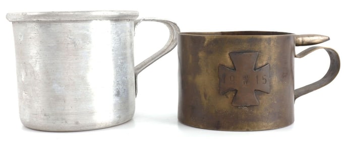 2 WWI WWII GERMAN ETCHED TRENCH ART DRINKING CUP