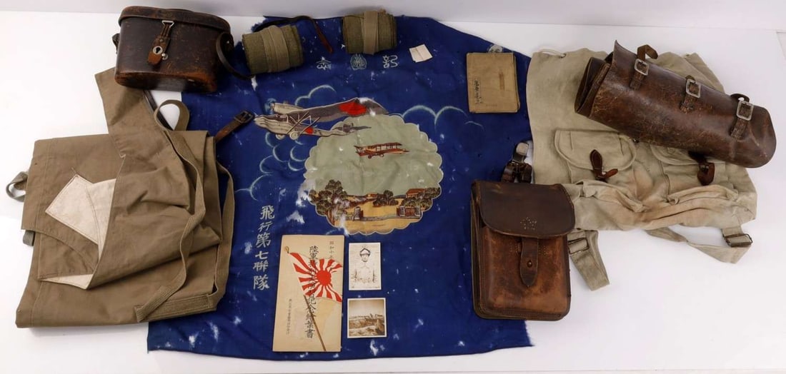 WWII JAPANESE SOLDIER PERSONAL GEAR MIXED: Includes I.D. Card with photos. Puttees, leggings, binocular case with compass top, backpack, and more.