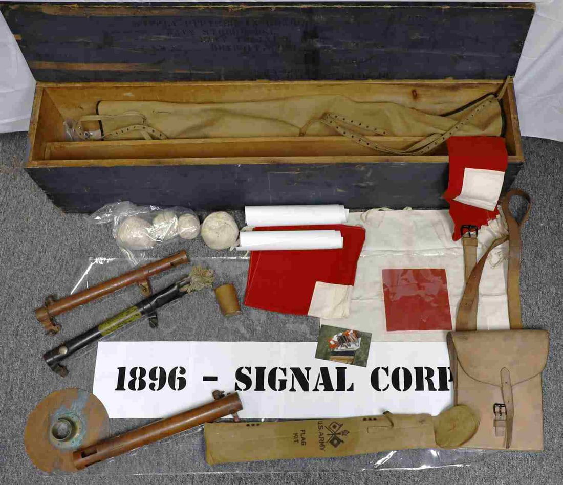 U.S. ARMY SIGNAL CORP SEMAPHORE FLAG KIT COMPLETE: In a box addressed to Navy Supply Storage. Complete Semaphore flag kit. Box says weight is 61 pounds. Sold as is.