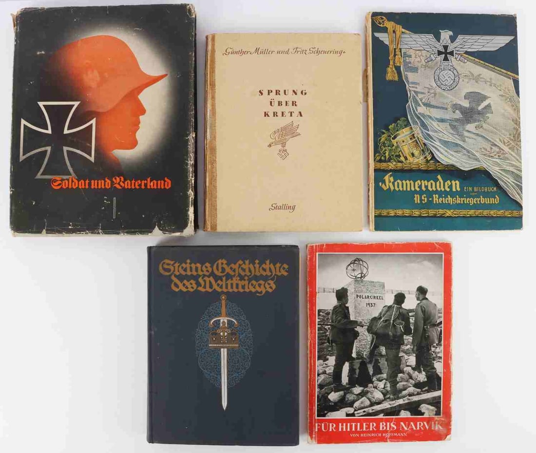 LOT OF 5 GERMAN THIRD REICH BOOKS: Lot of FIVE (5). (1) Soldat und Vaterland by Kurt Hesse (1935); (2) Kamreden: Ein Bildbuch vom NS.-Reichskriegerbund by Fritz Ergenzinger (1940); (3) Steins Geschichte des Weltkriegs by Hermann Montan