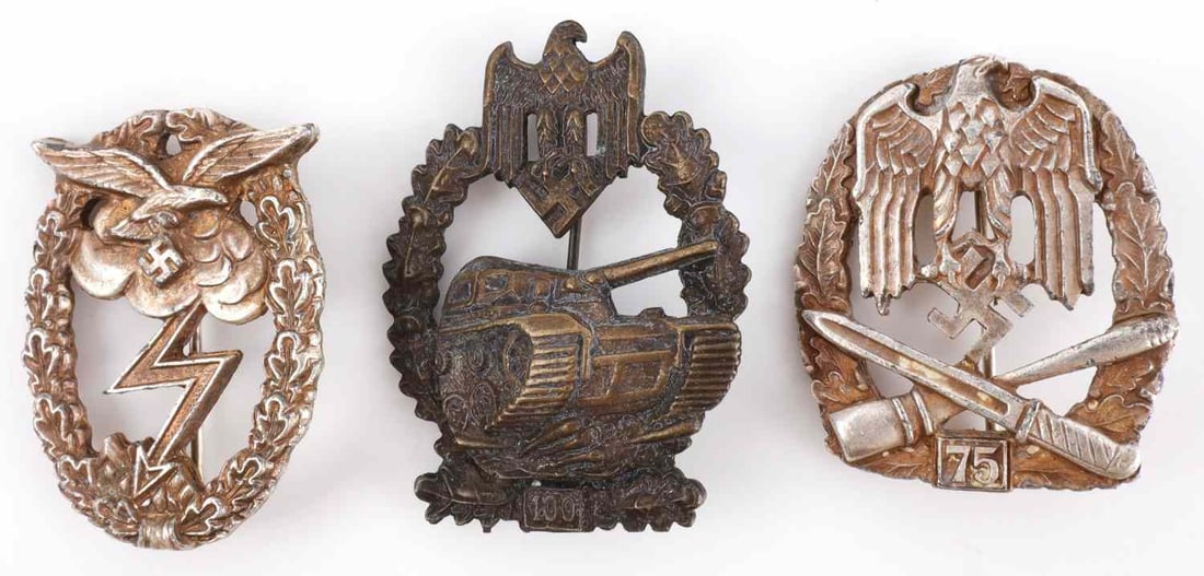 LOT OF 3 WWII GERMAN BADGES 75 ASSAULT TANK: Lot of THREE (3). Good badges for display and/or re-enactment. 2 1/8 inches each. This lot has a reserve.