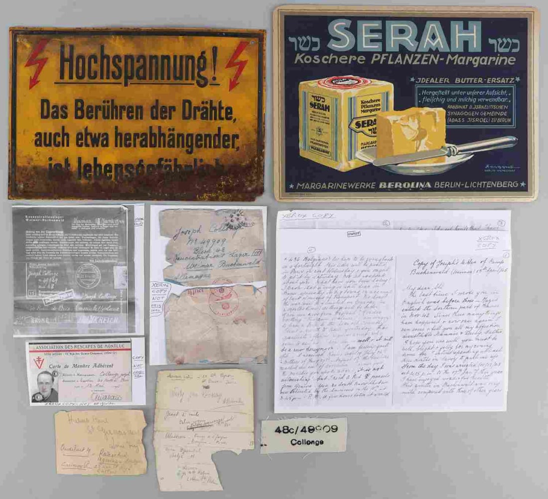 WWII LOT BUCHENWALD CONCENTRATION CAMP ITEMS: Assorted lot includes one (1) 12 X 8 inch metallic concentration camp warning sign about an electric fence, one (1) 12.5 X 9 inch cardboard double-sided store advertisement about butter, one (1) swath