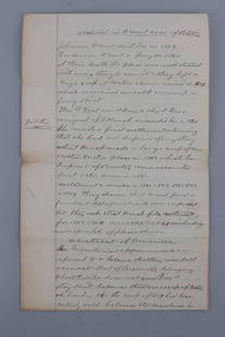 CIVIL WAR COURT DEPOSITION CONFEDERATES BURN CROPS: Handwritten summary of court deposition regarding disposal of property during the Civil War, 4 pages, 12X8 inches each, titled "Abstract O'Neal Case of Petition." Excerpt: "The crop of 1861 was burned
