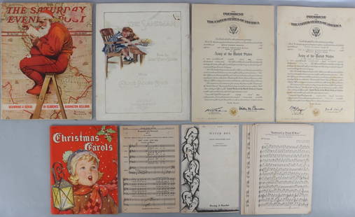 EPHEMERA LOT ARMY COMMISSION 1939 POST CAROLS: 1959 U.S. Army commission signed by Adjutant General. 1939 Saturday evening post, 1917 dated Christmas Carols , Church Music, and The Sandman poem. All very good and original.