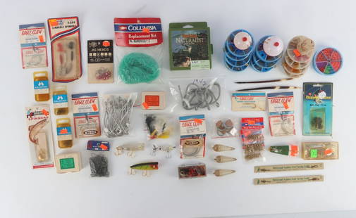 FISHING SUPPLY LOT HOOKS LURES LINE: As photographed, many items in original packaging. Sold as is.