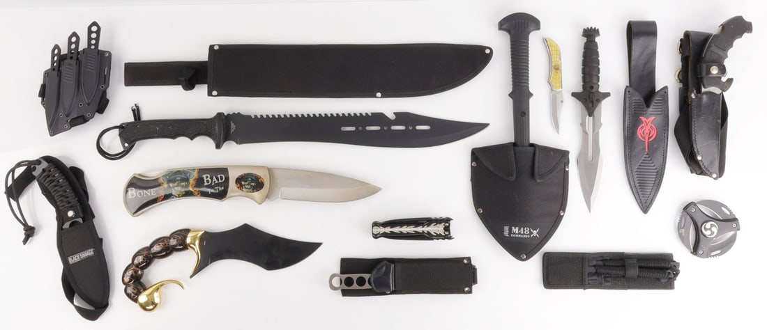 LARGE LOT 12 TACTICAL BLADES MASTER CUTLERY ETC: Lot of TWELVE (12) tactical / survival / ninja / cosplay lot Includes: 1) United 6.5-inch stainless steel blade (#UC726) knife with spiked pommel. Includes leather Klingon holster. 2) Survival Harpoon