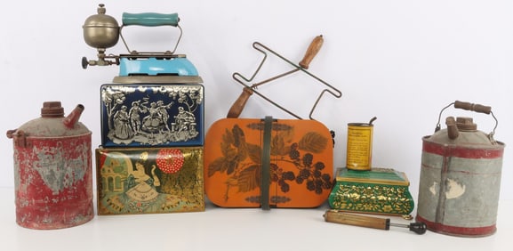 LARGE COLLECTIBLE LOT GAS CANS TINS COLEMAN IRON