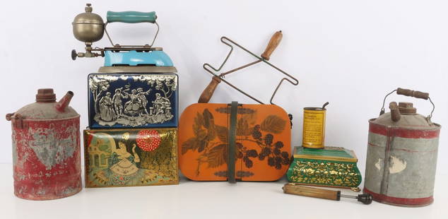 LARGE COLLECTIBLE LOT GAS CANS TINS COLEMAN IRON: As photographed, all sold as is.