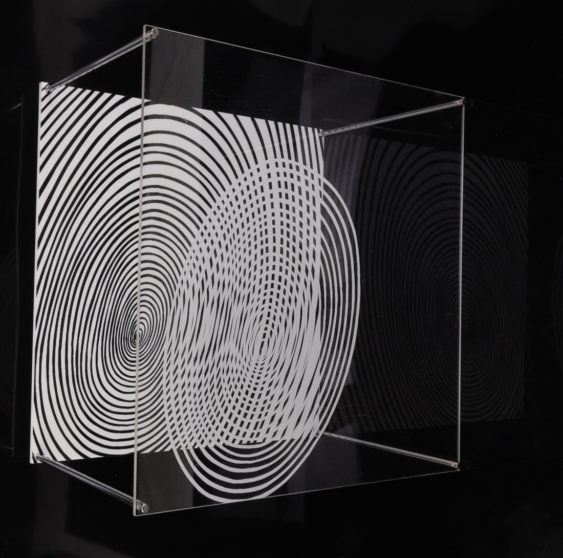 JESUS RAFAEL SOTO SPIRAL SOTOMAGIE SERIES 1967: Spiral, a piece by Venezuelan artist Jesus Rafael Soto (1923-2005) from the Sotomagie series. Shadow box construction of screen printed plexiglass with chromed aluminum metal bars. This is number 49 o