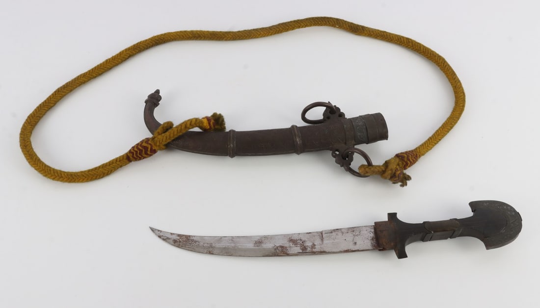 ANTIQUE MORROCAN JAMBIYA DAGGER KNIFE: Cannot explain the cord attached, but it is quality, perhaps a carry strap, knife in scabbard measures 16 inches.