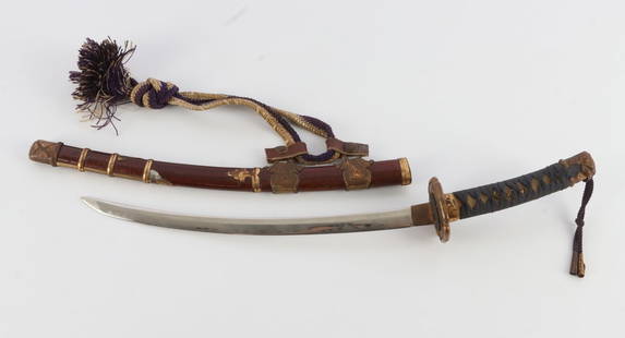 MINIATURE JAPANESE SWORD GUNTO: Very detailed, in scabbard measures 16 inches, blade is 10 inches.
