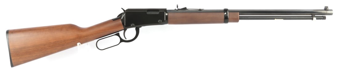 HENRY OCTAGON FRONTIER .22 LEVER ACTION RIFLE NIB: New in box. Henry Octagon Frontier lever-action rifle, cal .22 rimfire. 20-inch octagonal barrel. Blued steel finish and American walnut stock. Rear adjustable semi-buckhorn sight with diamond insert.