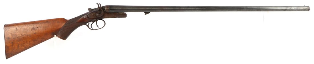 MANHATTAN ARMS THE INTERCHANGEABLE 12 GA SHOTGUN: Manhattan Arms Co "The Interchangeable" side by side shotgun. 30-inch barrels. Belgian proofs on receiver and barrel. Sold as-is for parts or repair. Some surface loss on bore and exterior. Stock show