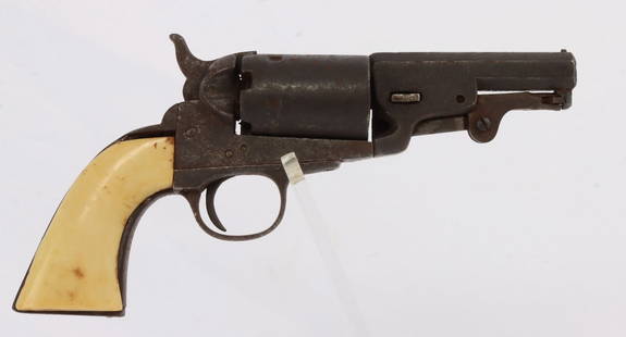 COLT BREVETE MODEL 1849 POCKET REVOLVER .35 CAL: Colt Brevete .35 cal pocket percussion revolver of Belgian origin. Octagonal 3.25-inch barrel, 5-round capacity, with smooth bone grips. Cylinder has faint traces of Brooklyn Bridge scene roll mark. T