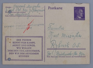 WWII GERMAN THIRD REICH MYSLOWITZ PRISON LETTER