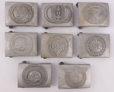 WWII GERMAN THIRD REICH BELT BUCKLES LOT OF 8: 1) HitlerJugend. 2) SS-Siegrunes. 3) Red Cross. 4) Luftwaffe. 5) SS Totenkopf. 6) NSBO. 7) SA. 8) Postal Protection. Unauthenticated, sold as is.
