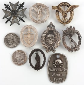 WWII GERMAN THIRD REICH BADGES & COINS LOT OF 10