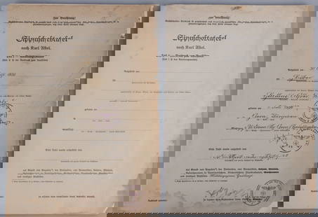 WWII GERMAN THIRD REICH LINEAGE BOOKS LOT OF 2: Two Sippschaftstafel books for tracing lineage and 'Aryan purity.' One of the books is filled out, the other is empty. Unauthenticated, sold as is. This lot has a reserve.