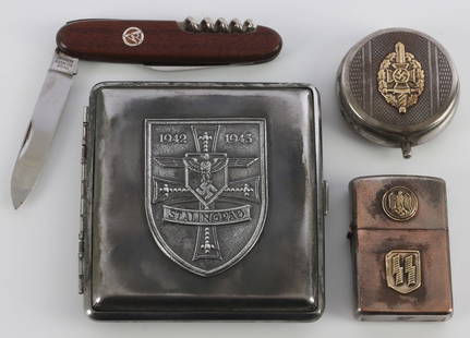 WWII GERMAN THIRD REICH PERSONAL EFFECTS LOT OF 4: 1) Stalingrad cigarette case with Reichsadler. 2) Zippo style cigarette lighter with Reichsadler and SS-siegrunes. 3) Personal ashtray with swastika. 4) Pocket knife with Sturmabteilung decal. Very go