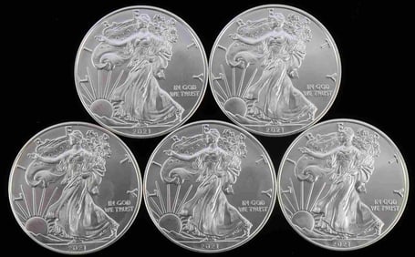 LOT OF FIVE 2021 AMERICAN SILVER EAGLES