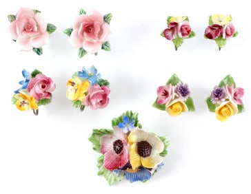 CAPODIMONTE PORCELAIN EARRINGS AND BROOCH LOT
