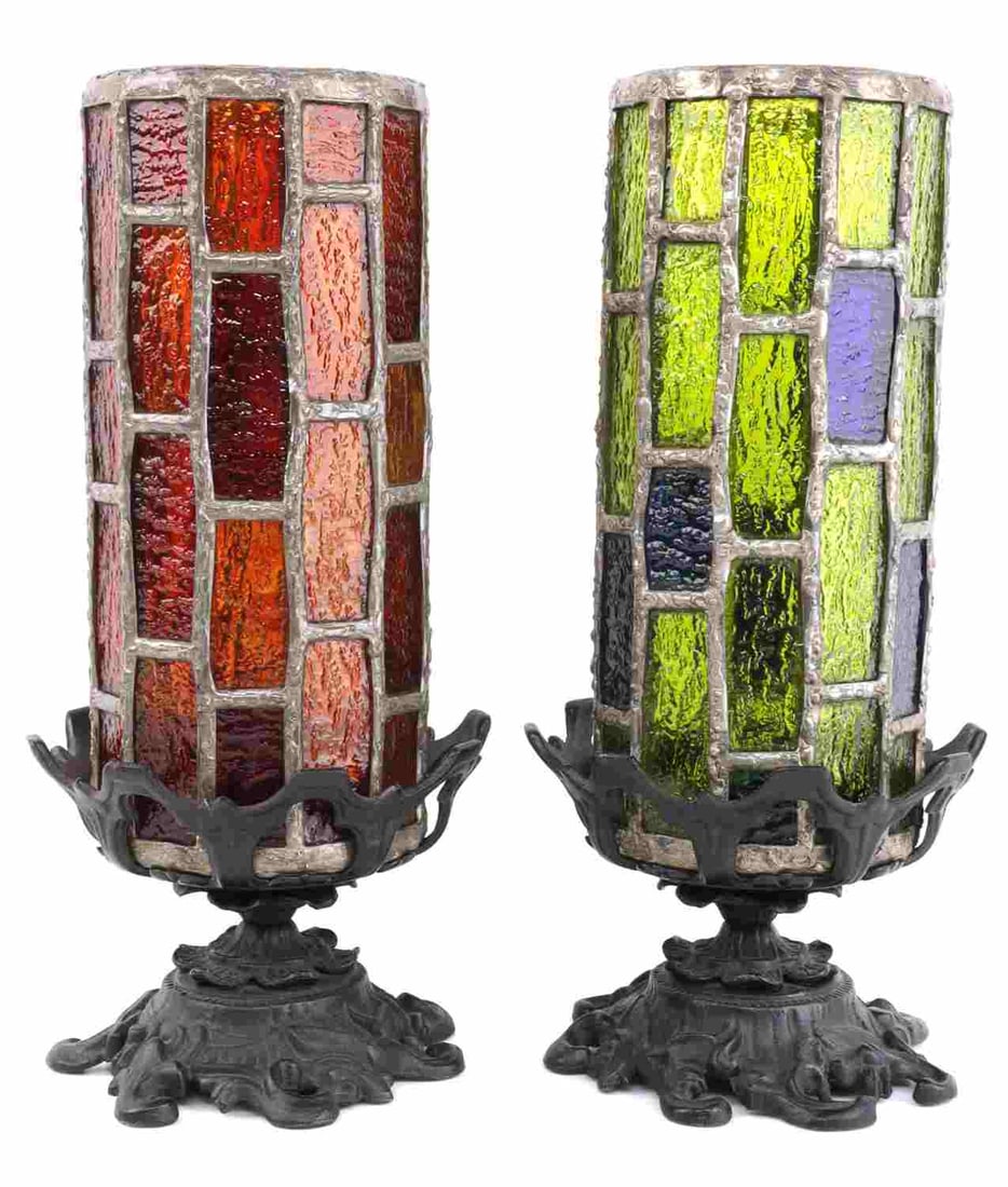 2 ANTIQUE STAINED GLASS VASE LOT: With stand each is 11 inches, very good original condition.