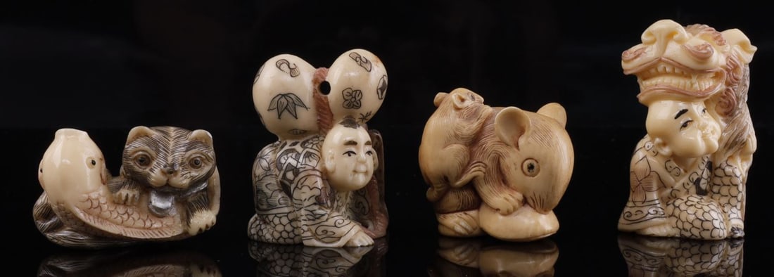 JAPANESE NETSUKE CAT RAT DRAGON MAN LOT OF 4: Four Japanese Netsuke, all made from celluloid. 1) A man with a dragon. 2) A man holding a large gourd flask. 3) A fish with a cat. 4) A rat family. The largest rat has had its ear repaired. Very good